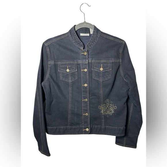 Chicos Platinum Denim Jean Jacket Rhinestone Embellished Size 1 (M) - Picture 2 of 9